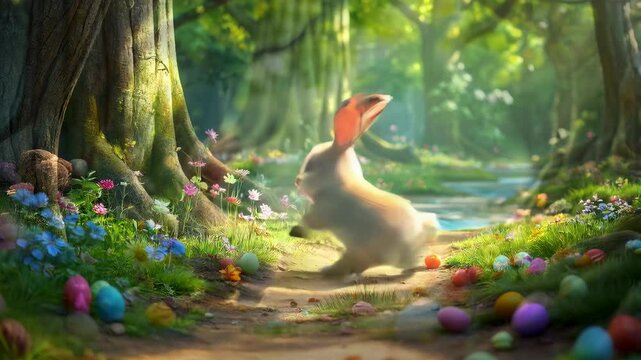 Playful Animated Easter Bunny Hops Through a Whimsical Forest