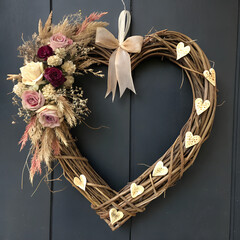 Rustic heart-shaped wreath made of natural twigs and dried flowers