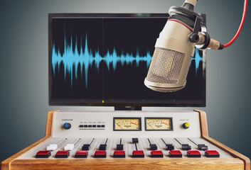 Professional microphone and sound mixer in radio station studio