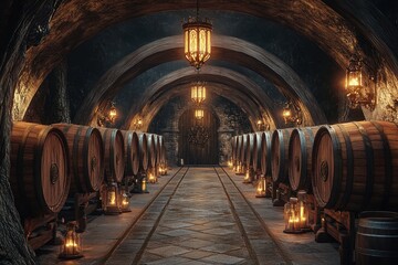 Obraz premium Atmospheric Wine Cellar with Rustic Wooden Barrels and Warm Lantern Lighting in an Arched Stone Vault