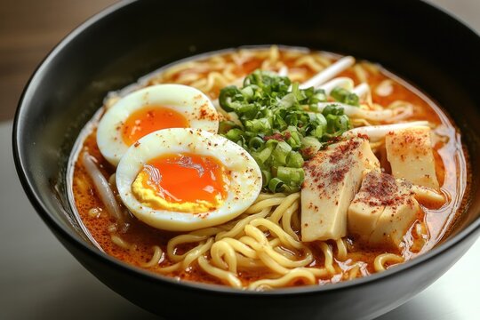Rich broth filled with noodles, soft-boiled eggs, and fresh gree