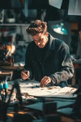 A man drawing in his studio.