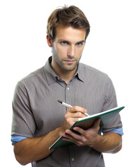 Joven empresario escribiendo en papel, aislado sobre fondo transparente. Profesional reflexivo tomando notas, trabajando en un informe o planificando un proyecto.