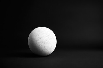 A speckled white sphere rests on a black surface