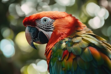 Obraz premium Colorful parrot with a green and red head and green and red feathers. The bird is looking directly at the camera