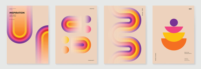 Obraz premium Collection of 70s color gradient poster background vector. Set of retro wall decoration, groovy, trippy, geometric shape. Vintage hippie wall art for interior, decorative, banner, cover, card.