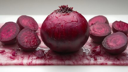 A still life shot shows a whole and sliced beet on a white surface with beet juice stains
