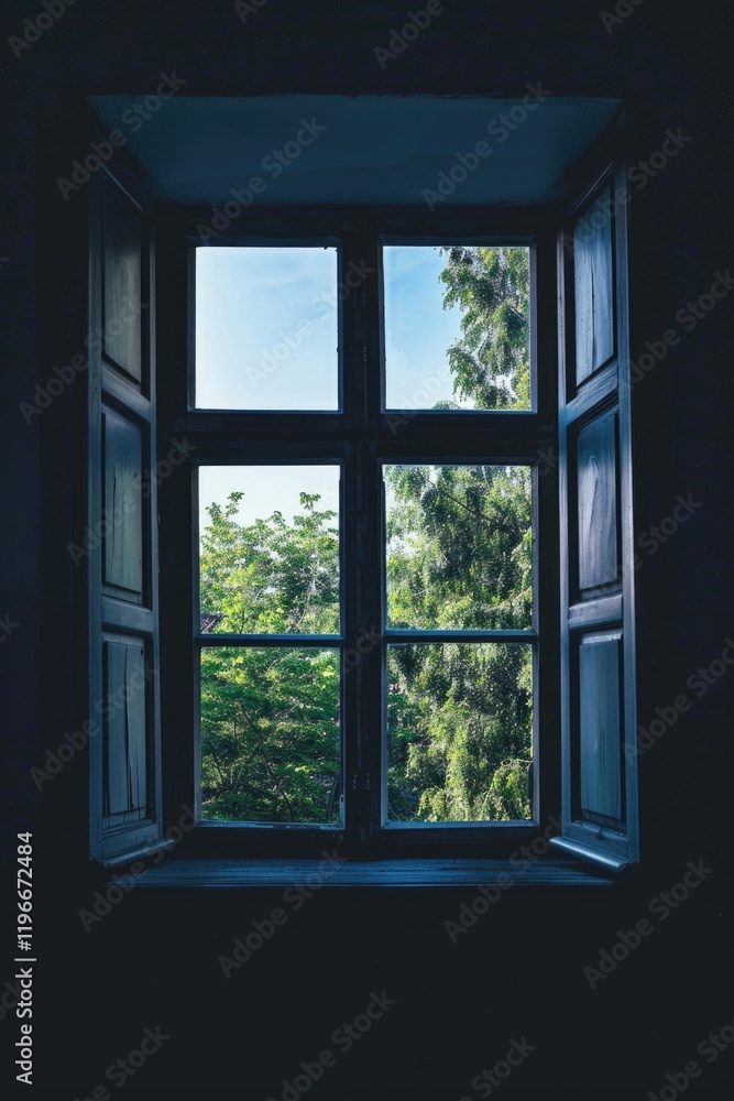 Poster a window with a view of trees outside, offering a serene and calming ambiance through natural light 