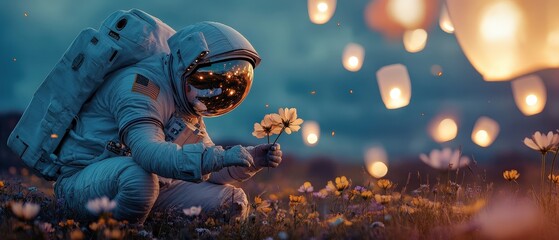 Astronaut in space collecting flowers with glowing lanterns in the background, representing exploration, nature, and the beauty of the cosmos in a surreal scene.