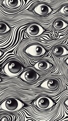 Abstract Art Featuring Many Eyes in Swirling Black and White Lines