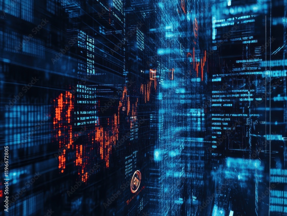 Poster digital data streams abstract visualization: a futuristic cyber worldscape of code and information