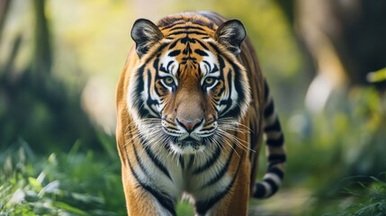 Fototapeta premium Majestic tiger in lush green habitat.
