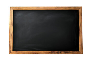 Blank black blackboard with brown wooden frame isolated on transparent background