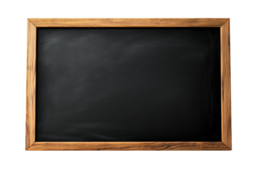 Blank black blackboard with brown wooden frame isolated on transparent background