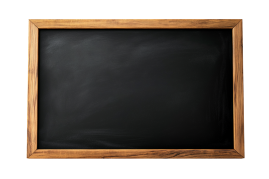 Blank black blackboard with brown wooden frame isolated on transparent background