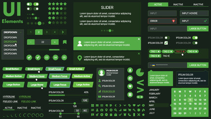 A modern UI kit featuring a collection of buttons, icons, navigation menus, and responsive design elements. Includes login forms, media players, search bars, and calendars, ideal for apps, websites