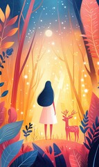 Surreal Woman & Deer in Abstract Forest - Flat Design