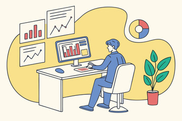 business analyst, data visualization, office workspace, computer monitor with charts, graphs, statistics, blue outfit, office chair, minimalist desk, potted plant, floating infographics, clean design,