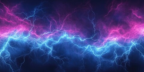 Obraz premium Electrical energy in motion, depicted with a blend of pink and blue lightning bolts against a grey sky background.