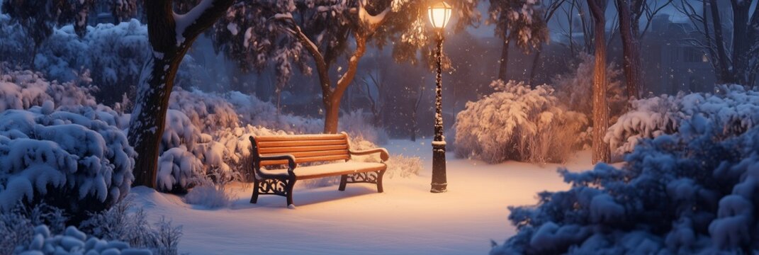 Snowy Winter Landscape with Lamp Post and Bench