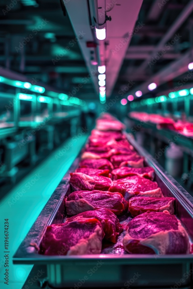 Poster view of a meat processing factory with conveyor belts filled with beef carcasses, showcasing an indu