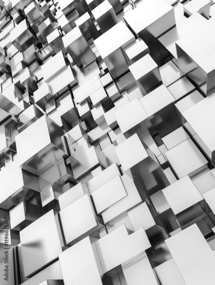 Aufkleber wall of squares is made of metal and is very shiny. the squares are all different sizes and are arra