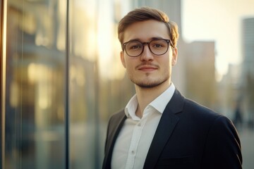 Fototapeta premium A young businessman in a suit poses confidently outside an office building with a glass facade. The city environment adds a professional and stylish ambiance to the image.