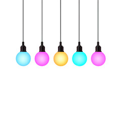 Colorful hanging light bulbs modern interior digital illustration transparent background bright atmosphere