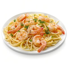 A plate of shrimp scampi with garlic butter sauce and pasta, isolated white background, detailed art style