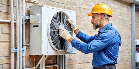 Electrician installing a heat pump in a residential house , electrician, installation, heat pump, residential, house
