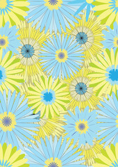 Yellow peony blue cosmos yellow cosmos blossom colorful pollen. vector seamless pattern.