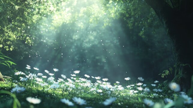 Sunbeams illuminate a field of daisies in a lush green forest.