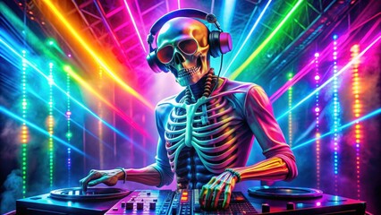 Skeleton DJ with glasses in a neon-lit nightclub, surrounded by colorful lights and neon elements, skeleton, DJ, glasses, club