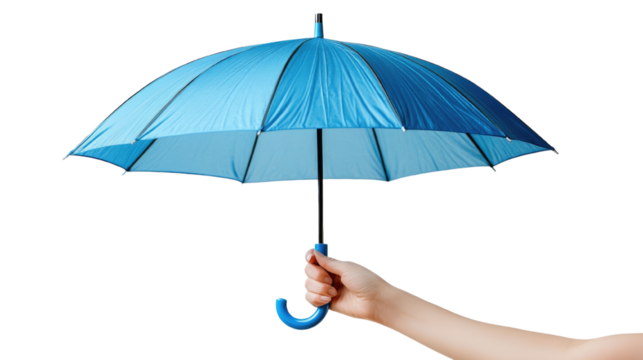 Hand holding blue umbrella on transparent on white background.