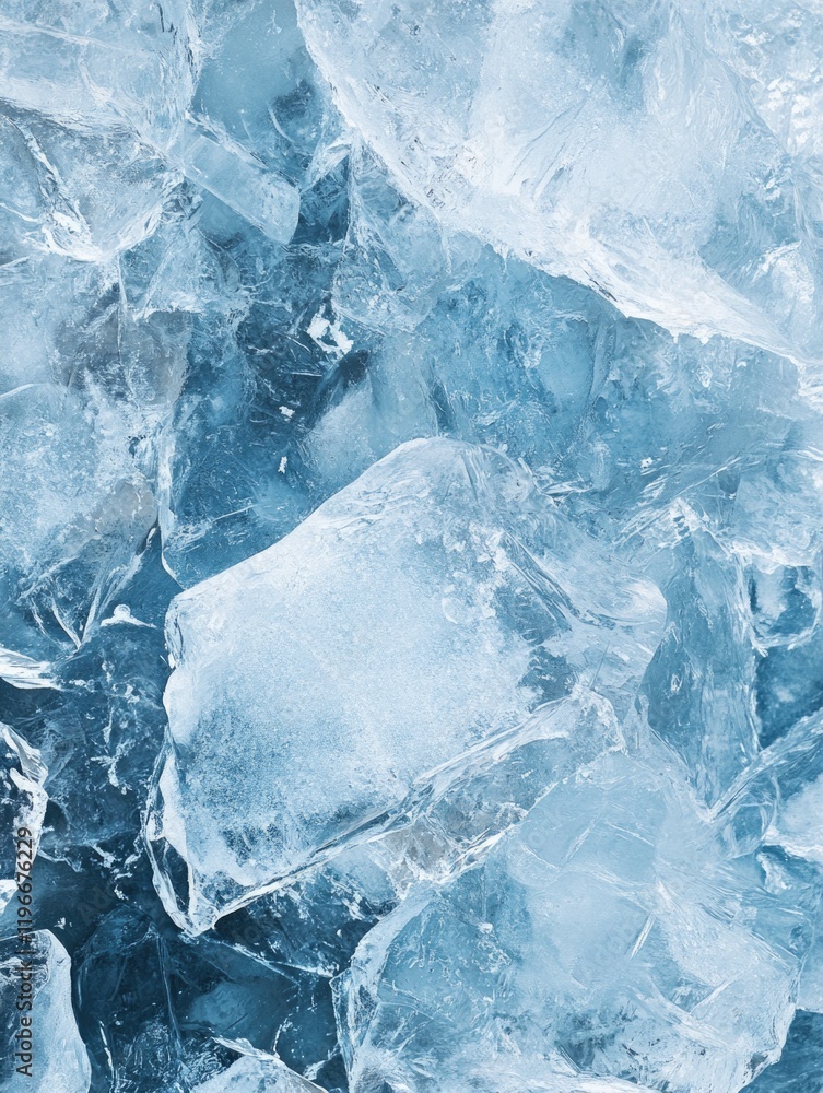 Poster blue and white ice sculpture with a blue background. the ice is in the shape of a cube and is scatte