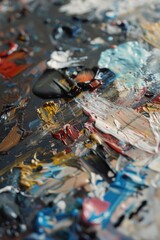 An expressionistic oil painting with bold brushstrokes and a mix of vibrant colors that create an abstract and chaotic palette.