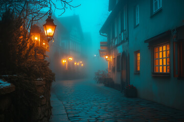 street scene in a foggy old European village lit by glowing lanterns