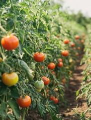 Vibrant red tomatoes growing in rows in a field, ready for harvest.