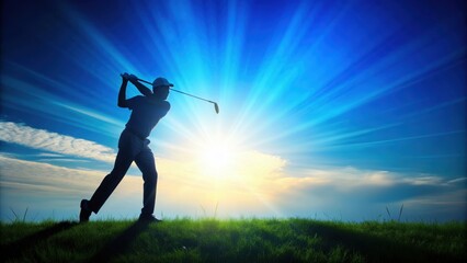 Blue silhouette of golfer swinging club on green grass field, golf, player, swing, action, sport, outdoor, recreation
