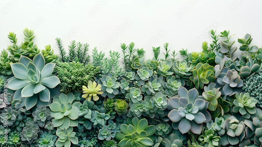 Poster Succulent Collection: A vibrant array of succulents in various shades of green create a lush and textured horizontal border, perfect for adding a touch of natural beauty to any design. 