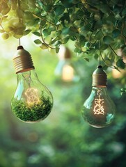 Green energy concept with glowing LED lights encased in plants, hanging among lush greenery.