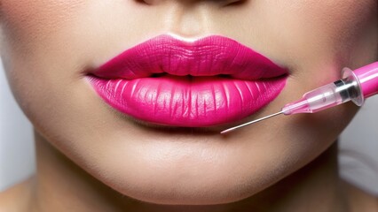 Naklejka premium Close-up of glossy pink lips receiving a cosmetic injection for enhanced volume and precision, cosmetic procedure