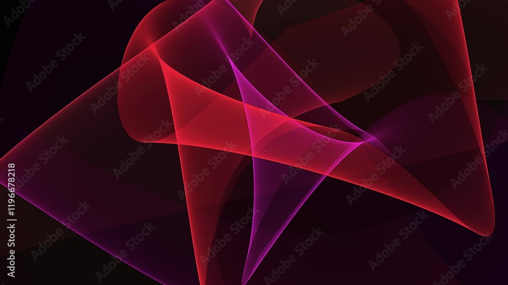 Poster animated abstract digital artwork featuring intersecting translucent ribbons in shades of red and pu