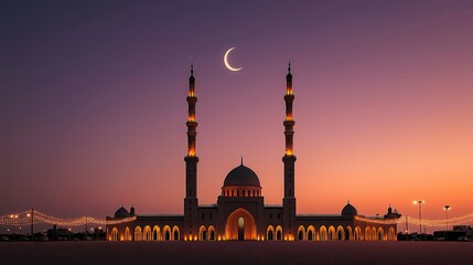Obraz premium Breathtaking Ramadan evening skyline features illuminated minarets of a grand mosque under a crescent moon, adorned with string lights amidst vibrant twilight hues of purple and orange