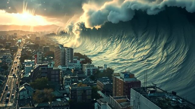 Destruction looms as massive tsunami approaches urban area during sunset