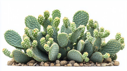 Prickly Pear Cactus: A cluster of vibrant prickly pear cactus, featuring their iconic spiky pads and delicate buds, thrives against a backdrop of natural, coarse gravel.