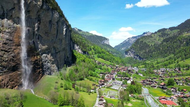 Rising aerial view of Lauterbrunnen and the Staubbachfall waterfalls.
Lauterbrunnen, Switzerland.