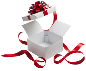 Open White Gift Box with Red Ribbon Festive Surprise Elegant Holiday Present Package Decoration Design Studio Background Mockup Template Image Product Photography Bow Sale High Party Empty Blank Offer