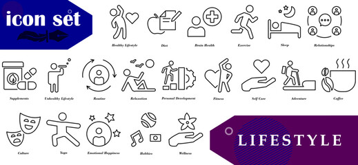 Lifestyle icon set that reflects various aspects of modern life. Designed in a clean and dynamic style, these icons are perfect for creative projects, applications and branding.