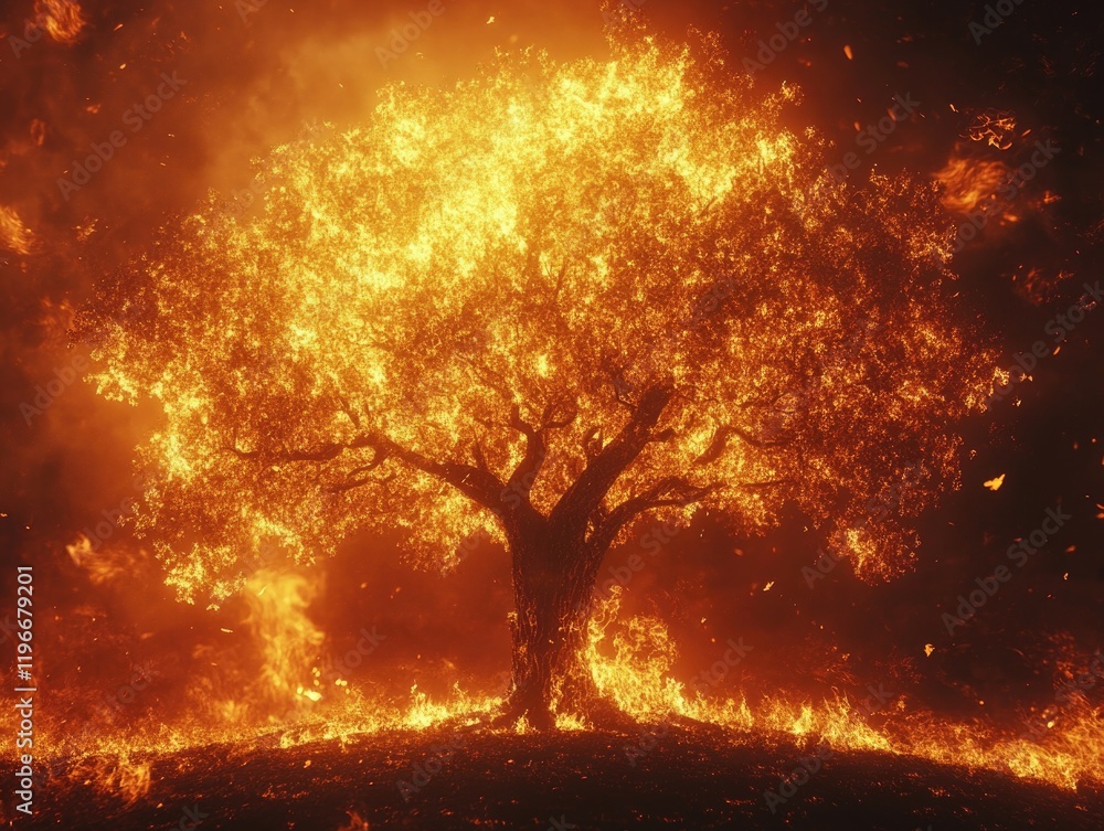 Poster tree is on fire and surrounded by flames. the fire is orange and bright, creating a dramatic and int